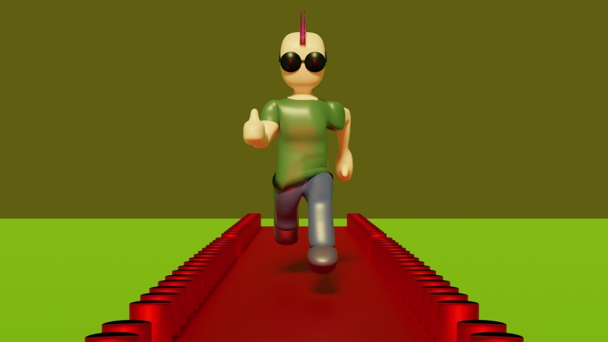 3D Pink Hair Punk Running in a red street with green clothes and blue pants