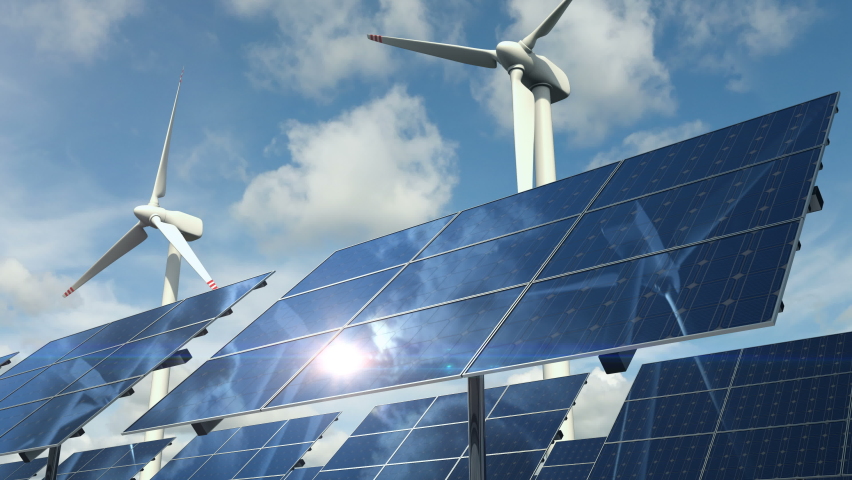Animation of the ecological clean power with solar panels cells at the front and wind turbines and generators on the background. Those alternative types of electrical energy are clean, eco and green. Royalty-Free Stock Footage #1060001501