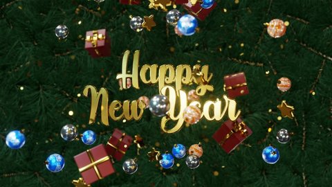 New year and Christmas 2021, 2022. Mobile gold inscription HAPPY NEW YEAR on the background of Christmas tree branches with gold confetti, Christmas balls, gift boxes.4K 3D loop animation
