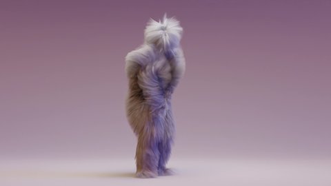 Hairy Monster Dancing clip isolated. loop animation, house dance, fur bright funny fluffy character, fur, full hair, snowman, 3d render. Sneaking out.