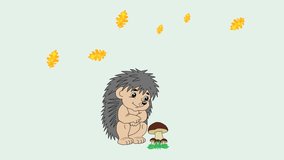 In the video, a hedgehog with a mushroom, falling leaves, yellow leaves. Children's background, video, illustration