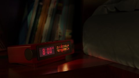 Vintage alarm clock with digital dial and radio waking up at 8 AM. Close-up view. The numbers on the clock screen changes from 7:59 to 8:00 AM. Then turns on the radio receiver and its scale lights up