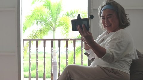 Happy senior Asian woman holding smart phone using video call.