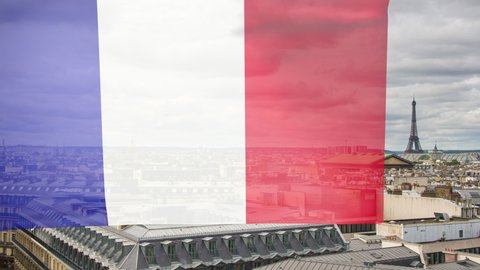 France flag waving with Paris city landscape in the background. Suitable for French national holidays such as 14th July - Bastille Day , Fete de la Victoire, VE day or Armistice Day