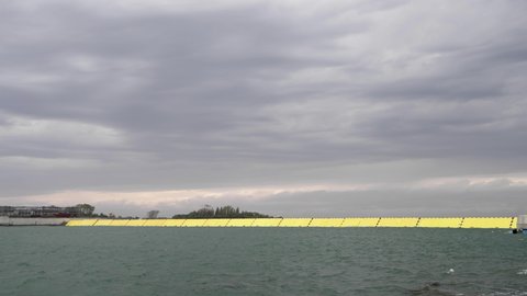 Venice, Italy - Flood barriers  deployed during high tide
