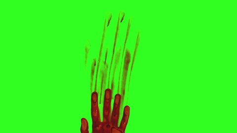 A hand covered in blood left a mark on the glass.On a neutral background, a person's hand leaves a bloody imprint. Concept for pre-rendered with green background.