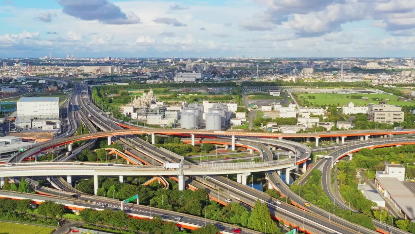 Modern freeway junction aerial view.