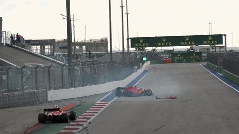 Sochi, Russia - 26 sep 2020: Accident of a Formula 1 car on the track in Sochi. Russian Grand Prix Sochi. A Ferrari car. Crach