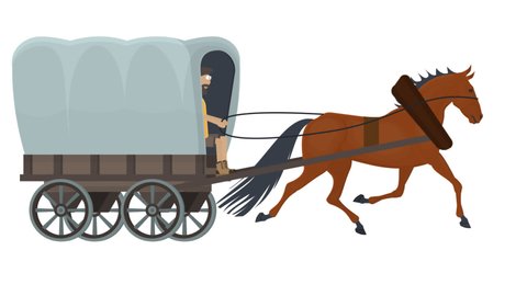Animation of a horse cart. The coachman controls the horse, the alpha channel is turned on. Cartoon