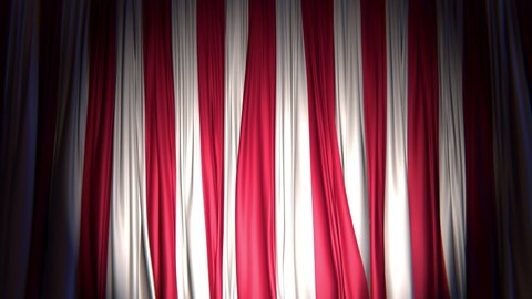 Realistic dark 3D animation of the striped circus stage curtains rendered in UHD, alpha matte is included