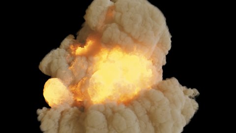 The explosion of a military explosives or flammable with a strong smoke. Explosion with smoke on an isolated background with an alpha channel, fuel explosion.