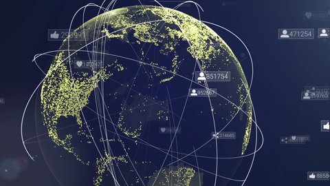 Global communication network. Animation of digital earth map. Digital background with social media signs. Worldwide communication technology. Global world telecommunication network. Data concept