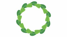 Animated green leaves are spinning in a circle. Wreath from leaves. Vector flat illustration isolated on white background.