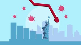 Animated cartoon design of declining business arrow impacted by Coronavirus pandemic with America cityscape background. Shot in 4k resolution - Powered by Shutterstock - Get 15% off with code: PIKWIZARD15