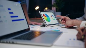 Asia businessmen and businesswomen meeting brainstorming ideas about new paperwork colleagues working together planning success strategy enjoy in night office. Closeup or close up of coworker concept. - Powered by Shutterstock - Get 15% off with code: PIKWIZARD15