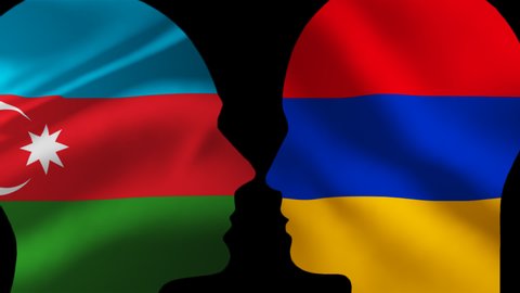 Two Countries: Armenia And Azerbaijan Settle The Conflict Over Nagorno-Karabakh Through Peaceful Negotiations. Animated Video Concept With Flags Of States