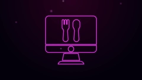 Glowing neon line Online ordering and fast food delivery icon isolated on purple background. 4K Video motion graphic animation