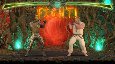 Fighting Video Game Part I: Beginning. Fantastic Duel Game Between Two Warriors In The Scenery Of Alien Biomass. 3d Generated And Rendered Video