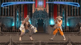 Fighting Video Game Part II: Kombat. Fantastic Duel Game Between Two Warriors In The Scenery Of A Gloomy Castle. 3d Generated And Rendered Video