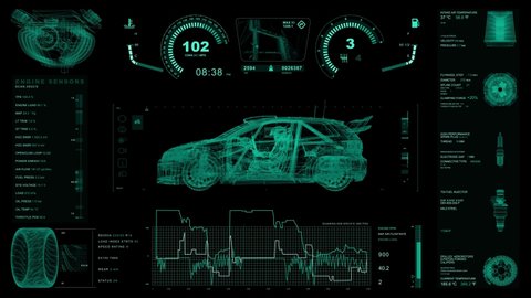 Racing car information screen (OBD 2 data, dashboard, parts). Seamless loop animation. 4K Ultra HD.