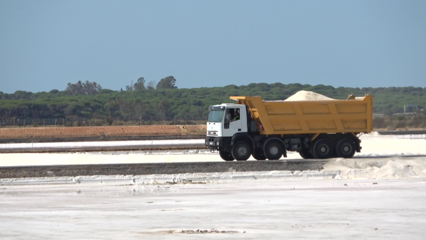 Salt transport in a loaded truck. Marine salt produced by the evaporation of seawater.