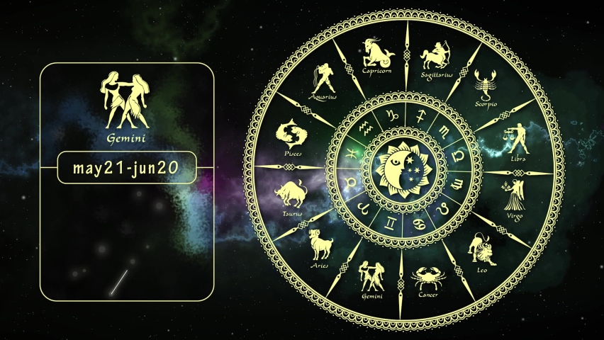 Horoscope wheel.Twelve zodiac signs.4k. Zodiacal circle on the background of space with stars. | Shutterstock HD Video #1060066691
