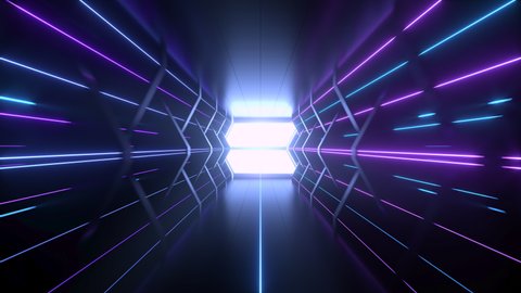 Going forward in dark spaceship tunnel with glowing lines, 3d rendering.