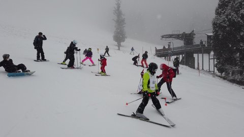 Hakuba, Japan - Dec 30,2019 : Many unidentified people enjoy skiing at Hakuba Goryu Snow Resort in Hakuba, Japan on Dec 30,2019.