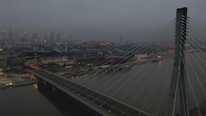 Aerial view on the Swietokrzyski bridge over the Vistula river. Warsaw, Poland