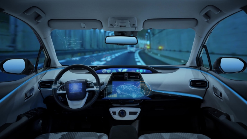 Interior of autonomous car. Driverless vehicle. Royalty-Free Stock Footage #1060072670