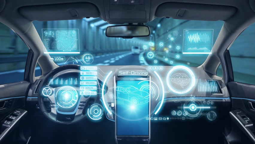 Interior of autonomous car. Driverless vehicle. Royalty-Free Stock Footage #1060072676