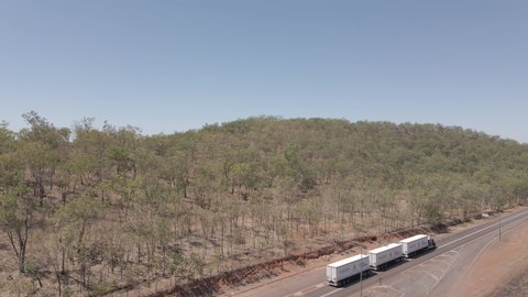 Downwarding drone shot of road train in Northern Territory, Australian Outback