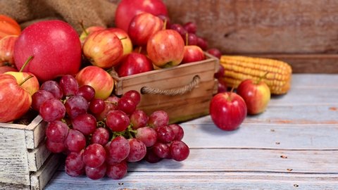 Fall harvest cornucopia agriculture. Organic fruits in Autumn season. Thanksgiving day.
