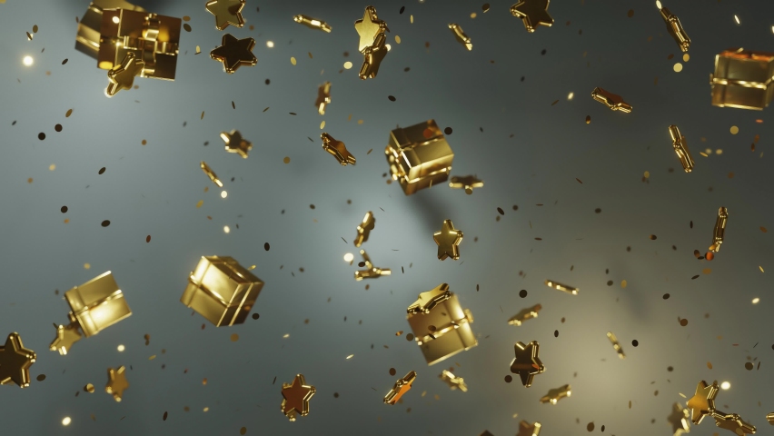 Christmas background. The new year 2023, 2022. Festive background. Gold Christmas balls, gifts and Golden stars moving in space. Looped 4K 3D animation. | Shutterstock HD Video #1060088912