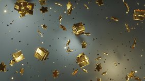 Christmas background. The new year 2026, 2025. Festive background. Gold Christmas balls, gifts and Golden stars moving in space. Looped 4K 3D animation. - Powered by Shutterstock - Get 15% off with code: PIKWIZARD15