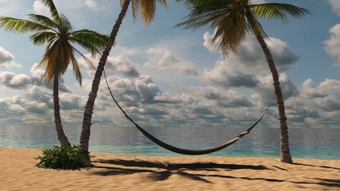 Rest, weekend on a tropical beach near the sea in a hammock among palm trees