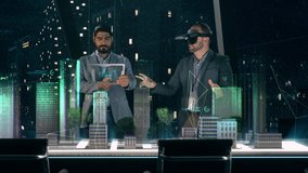 In the Near Future: Professional Designer in Suit wearing AR Headset presenting Architecture Project to Partner standing around Futuristic Table with Holographic Modern Augmented Reality Technology. - Powered by Shutterstock - Get 15% off with code: PIKWIZARD15