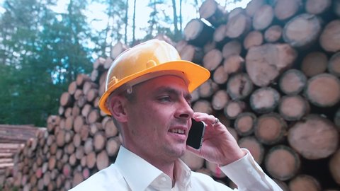 Businessman in hard hat answering phone call in motion near stored trees. Making a decision on sale timber volumes. Industrial logging in forest. 