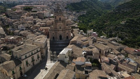 Aerial view above the Cathedral of San Giorgio (St. George) in Ragusa Ibla which is the perfect example of sicilian baroque, Sicily in Italy