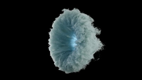 Opening vortex smoke portal, gateway to another dimension of the world. Magic portal of clouds, smoke on a black background. Emission blue energy within the portal. 3D 4k animation with alpha channel.