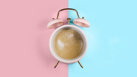 Hot Coffee Retro pink Alarm Clock. Coffee time or coffe break concept
