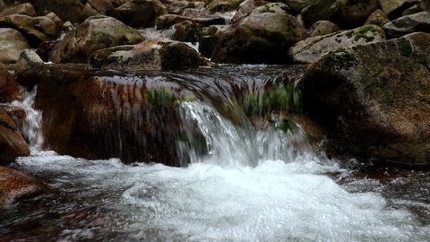 Water flowing in rocks in wild mountains river. Waksmundzki stream raging in High Tatras Mountains in Poland.