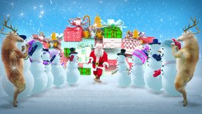 Merry christmas and happy new year, 3d rendering, Snowman, Deer,  santa claus Dancing, Animation Loop, cartoon