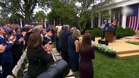 CIRCA 2020 - Supreme Court Justice nominee Amy Coney Barrett speaks in the White House Rose Garden, which became a Covid 19 superspreader event.