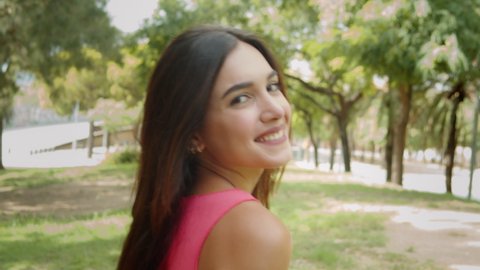 Beautiful hispanic woman portrait, latin american student in spain, happy smiling fashion model near university campus, spanish teenager, generation z lifestyle.