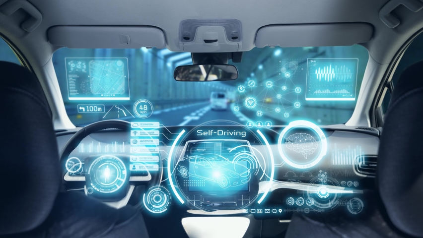 Interior of autonomous car. Driverless vehicle. Royalty-Free Stock Footage #1060129430