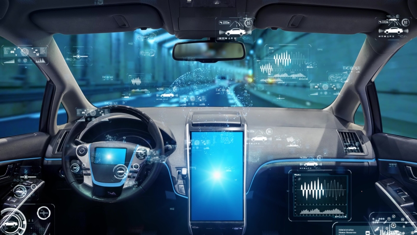 Interior of autonomous car. Driverless vehicle. Royalty-Free Stock Footage #1060129436