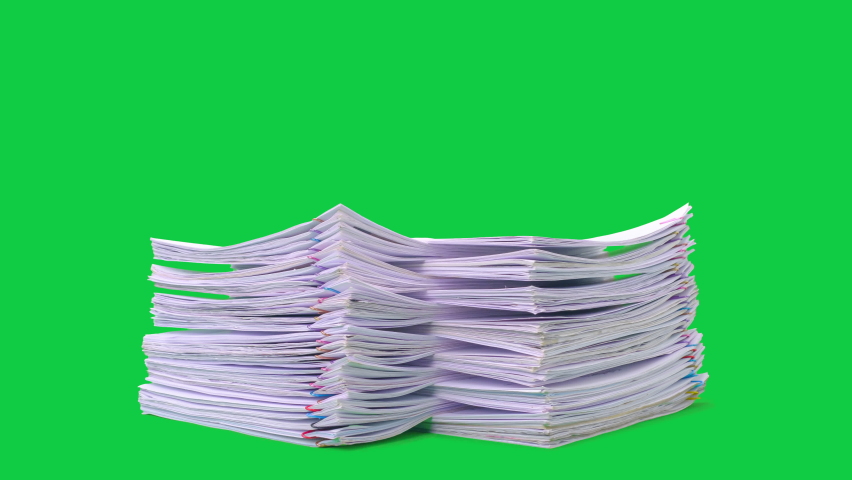 Stop motion animation Stacks overload document paper files on chroma key green screen background. Alpha Channel. | Shutterstock HD Video #1060130012