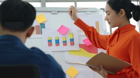 Young woman explains business data on white board in casual office room . The confident Asian businesswoman reports information progress of a business project to partner to determine market strategy . - Powered by Shutterstock - Get 15% off with code: PIKWIZARD15