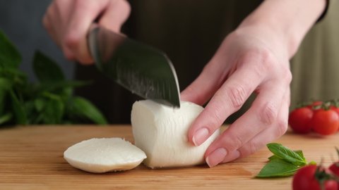 Female chef cutting fresh mozzarella cheese in slices